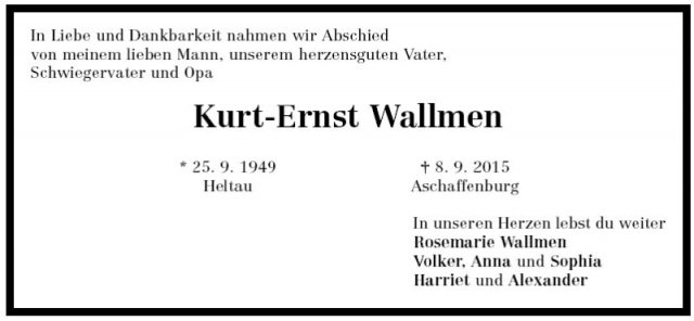 Wallmen Kurt 1949-2015 Todesanzeige
